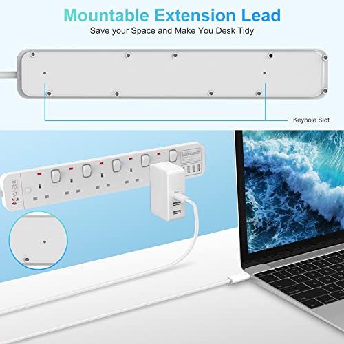 VANENIK Extension Lead with USB C 3M Surge Protector Power Strip with 4 USB Ports - Image 3