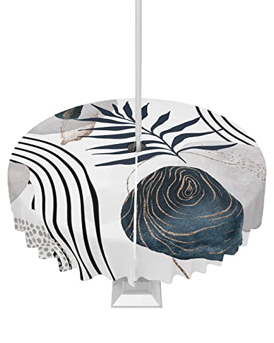 Geometric Leaf Outdoor Round Tablecloth with Umbrella Hole 54 Inch,Wrinkle Free Wipeable Fabric Table Cloth Waterproof Zippered Cover for Patio Party,Abstract Middle-Century Watercolro Painting Grey