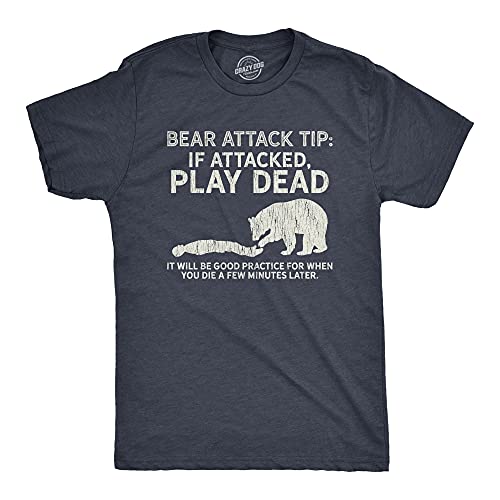 Crazy Dog Mens T Shirt Bear Attack Tip Funny Camping Hiking Outdoor Adventure Sarcastic Humor Tee Comfortable Short Sleeved Shirt with Survival Skills Heather Navy L