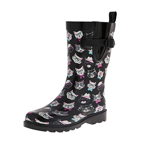 Capelli New York Ladies Rubber Rain Boots, Shiny Cool Cats Print Rain Boots, Tall Boots, Rubber Boots With Buckle, Gusset & Back Pull Loop, Black, Size 8