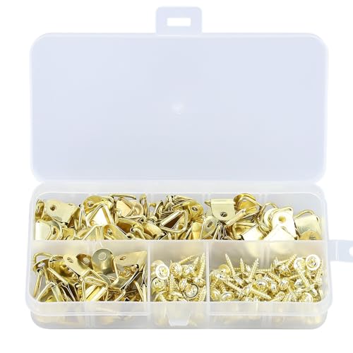 Glvaner 三角吊りカン ビラカン 額吊り金具 額掛け金具 木ネジ付き 200個セット ゴールド 収納ケース付き