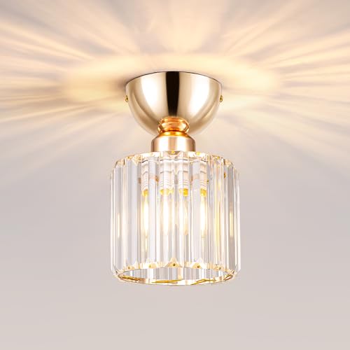 MELAYR Plafonnier en Cristal Doré E27, Lustre Moderne Semi-Encastré, Petit Luminaire Luxe Design pour Couloir Entrée Chambre Salle à Manger Cuisine