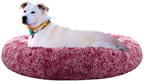 Comlax Beruhigende Donut Hundebetten Großer, Rundes Kissen mit abnehmbarem waschbarem Bezug, Anti-Angst-Kunstfell-Kuscheltier, Flauschiges, bequemes, pelziges Haustierbett (70cm, Rosa)