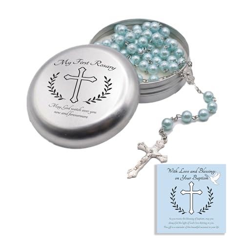 Asix Toy Baptism Rosary Gifts for Girls Boys My First Rosary with Keepsake Box for Baby Shower Holy First Communion Christening Gifts from Godmother. (Blue)