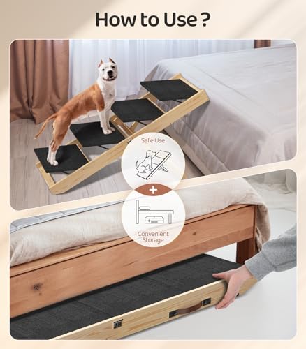 PUPIHOM Escadas de Madeira para Cães de 4 Níveis, Degraus de Madeira Ajustáveis para Cães com Alça,