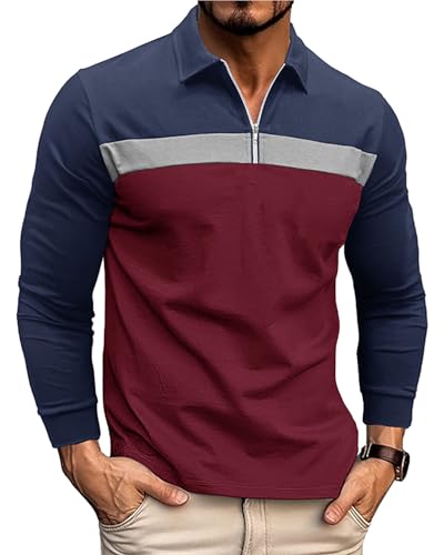 Ryehack Men's 1/4 Zip Polo Shirt Long Sleeve, Raglan & Contrast Color - Casual & Golf T-Shirt, Blue+Red, XL