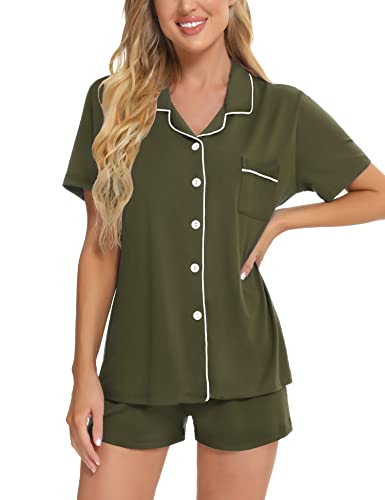 Image of SWOMOG Womens Button Down Pajamas Set Short Sleeve Sleepwear Bride Soft Pj Lounge Sets XS-3XL