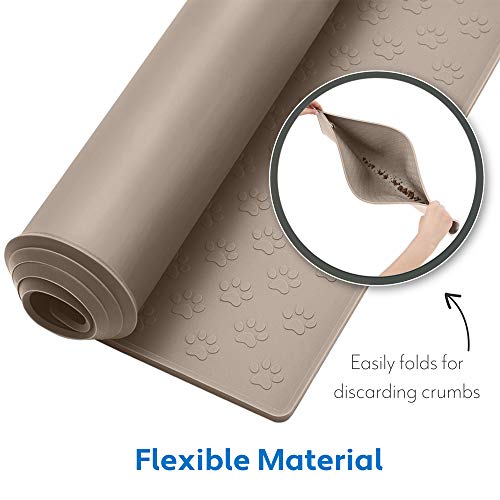 MIGHTY MONKEY Silicone Pet Feeding Mat, Waterproof Placemat for Dog and Cat Bowls, Raised Edges, Prevent Water Spills and Food Messes on Floor, Paw Print Tray Mats, Dishwasher Safe, 18x12, Beige