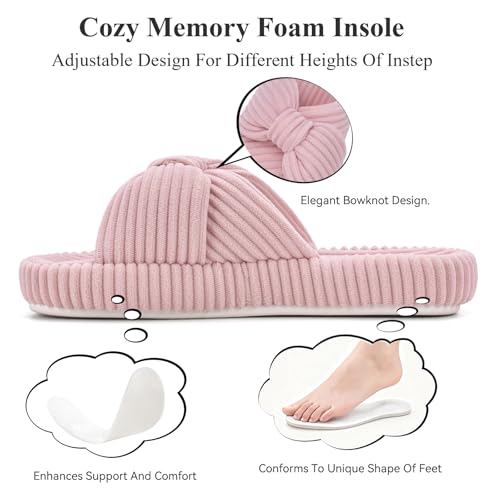 Image of BUNYISCN Slippers for Women Memory Foam Women's Orthopedic Arch Support Open Toe House Bedroom Corduroy Bow Crossbands Slide House Slippers