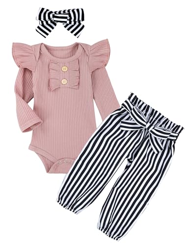 Image of KANGKANG Newborn Baby Girl Clothes Ribbed Ruffle Sleeve Romper + Floral Pants + Headband Cute Infant Baby Girl Outfit 3Pcs