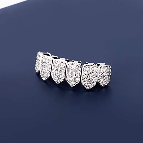 18K Gold Plated Iced Out Rhinestone Micropave Cz Lower Bottom Grillz Set With 2 Extra Molding Bars (Classic Silver) #TOP3