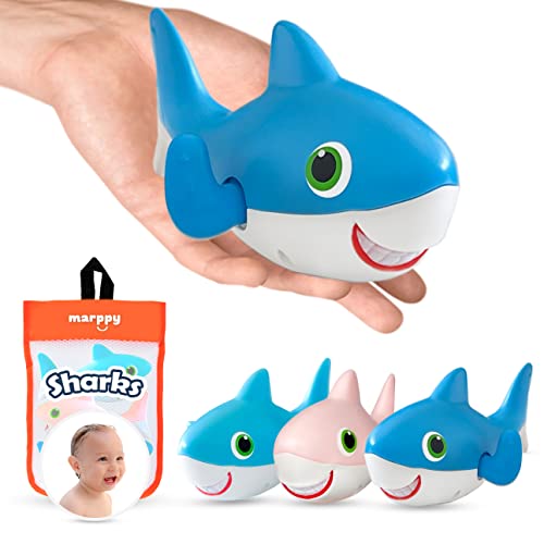 MARPPY Baby Bath Toys, Floating Wind-up Sharks Bath Toys for Toddlers and Kids Tub and Pool Toys 3 Swimming Bath Toys Sharks and 1 Bath Toy Storage