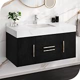 DWVO 40 Inch Black Floating Bathroom Vanity, Wall Mounted Bathroom Vanity with White Sintered Stone Countertop and Ceramic Basin Sink Bathroom Cabinet with 2 Drawers & 2 Storage Cabinets