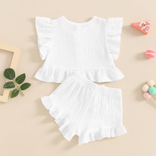 Toddler Baby Girl Solid Color Fly Sleeve Button Ruffle Tops+Bow Shorts Bubble Two Piece Summer Outfit Clothes Set3