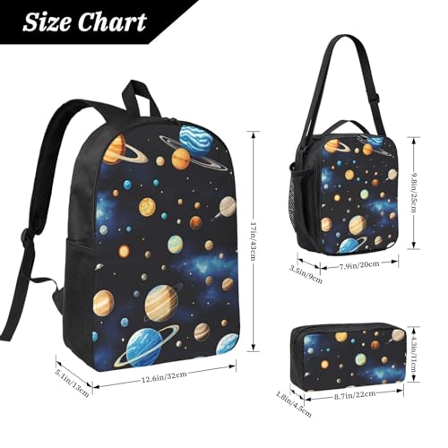 Outer Space Planets print Backpack Bookbag for Daily Use,3 Pcs Backpack Set with Lunch Box and Pencil Case4