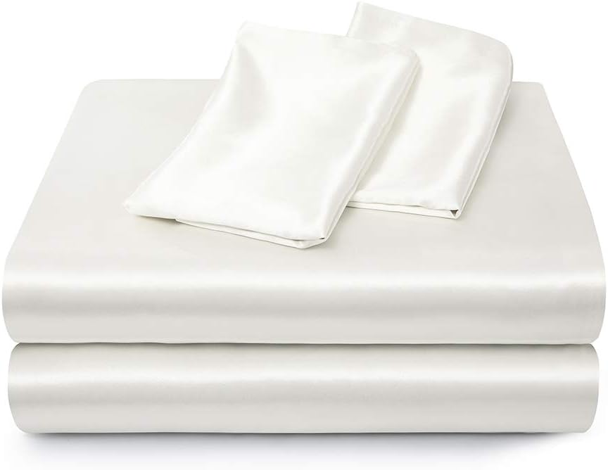 Satin Bed Sheets Queen Sheet Set, White Silk Sheets, 4 - Pieces Soft Bedding Set with 1 Deep Pocket Fitted Sheet,1 Flat Sheet,2 Pillowcase