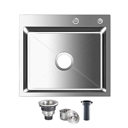 ROVOGO Drop-in 21.7 x 17.7 inch Stainless Steel Single Bowl 2-Hole Kitchen Sink, Top Mount Handmade Bar Prep Sink with Drain