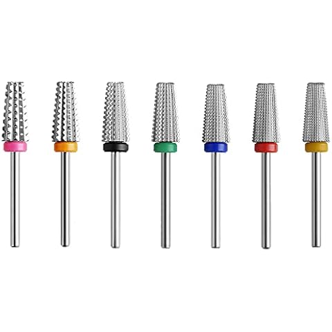 ERUIKA 7pcs 5 in 1 Nail Drill Bits Set, Multi-Function Tapered Shaping Carbide Nail Drill Bit Use for Both Left to Right Handed, 3/32 Inch Nail Bit for Remove Acrylic Gel Nail Accessories(Silver) Cover
