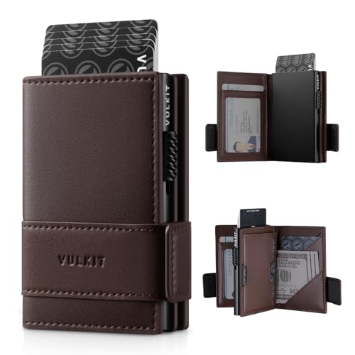 VULKIT Card Holder Bifold Pop Up Leather Wallet for Men RFID Blocking Metal Card Case, Holds 9 Cards and Banknotes Espresso