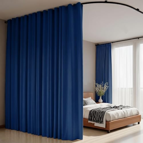 Image of Room Divider Curtains Flexible Ceiling Tracks Set Curtain Track Ceiling Mount Blackout Curtain for Living Room Bedroom Ceiling Curtain Rod Privacy Dividers Panels W150xH108 Navy Blue Drape&Black Rail