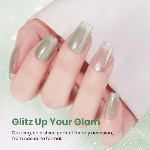 Image of Beetles Minty Gleam Green Cat Eye Gel Nail Polish - 15ML Full Size Glass Green Glitter Cat Eye Spring Gel Polish Magnetic Shimmer Effect Soak Off UV Nail Art Design Salon DIY Manicure Gift for Women