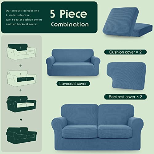 Chun Yi 5 Piece Stretch Loveseat Sofa Cover, 2 Seater Couch Slipcover With Two Separate Backrests And Cushions With Elastic Band, Checks Spandex Jacquard Fabric(Medium,Denim Blue) #TOP2