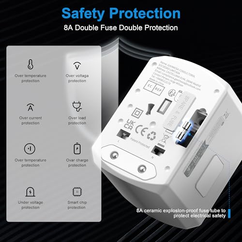 Reiseadapter Weltweit Reisestecker Universal Adapter -Travel Steckdose Worldwide mit 2 Typ C 2 USB A und 1AC Stecker Internationaler Deutschland zu USA UK Japan Thailand Australien Yioihnm