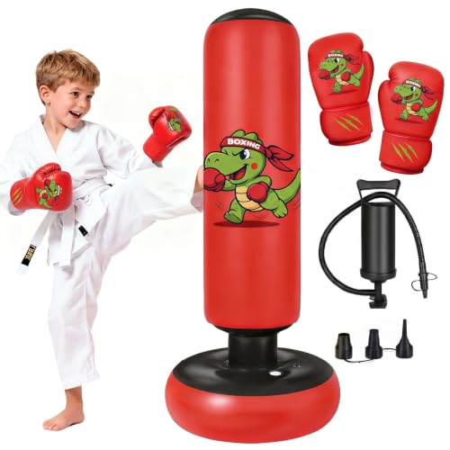 Ninonly 130cm Boxsack Kinder mit Boxhandschuhen Dinosaurier Muster Rot