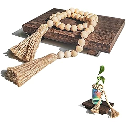 Wooden Soap Stand with String Beaded Decoration Wood Farmhouse Tray Plant Holder for Bottles Wood Riser Pedestal Stand Wood Tray for Kitchen Bathroom Sink Decorative (Vintage Black) Cover