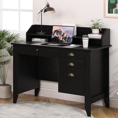 4 EVER WINNER Black Desk with Drawers, Small Desk with File Drawer and Monitor Stand, Computer Desk with Storage, Writing Desk for Bedroom Home Office, Black