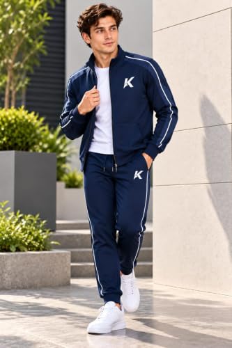 Image of Krystle Men's Tracksuit Set | Full Sleeve Zipper Jacket & Track Pants | Sportswear Tracksuit for Gym, Running, Workout & Casual Wear (Blue,Multisize)