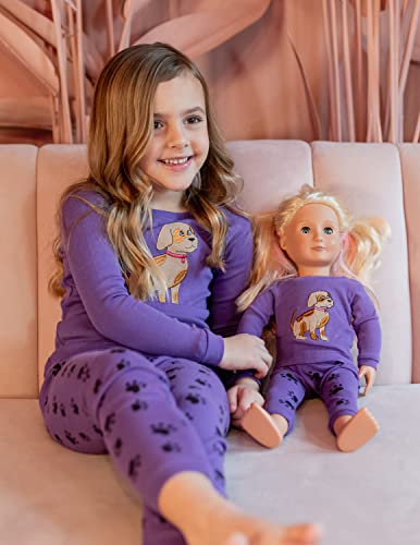Leveret Matching Doll & Girls Pajamas 100% Cotton Dog Paw Purple (Size 5 Years)