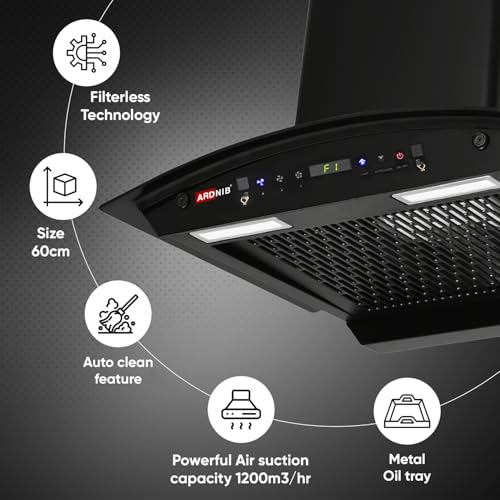 Image of 1200 m /hr Wall Mounted Auto Clean Kitchen Chimney (Ardnib Arcturus BK 60, Filterless Technology, Touch Control + Motion Sensor, 7 Years Motor Warranty)