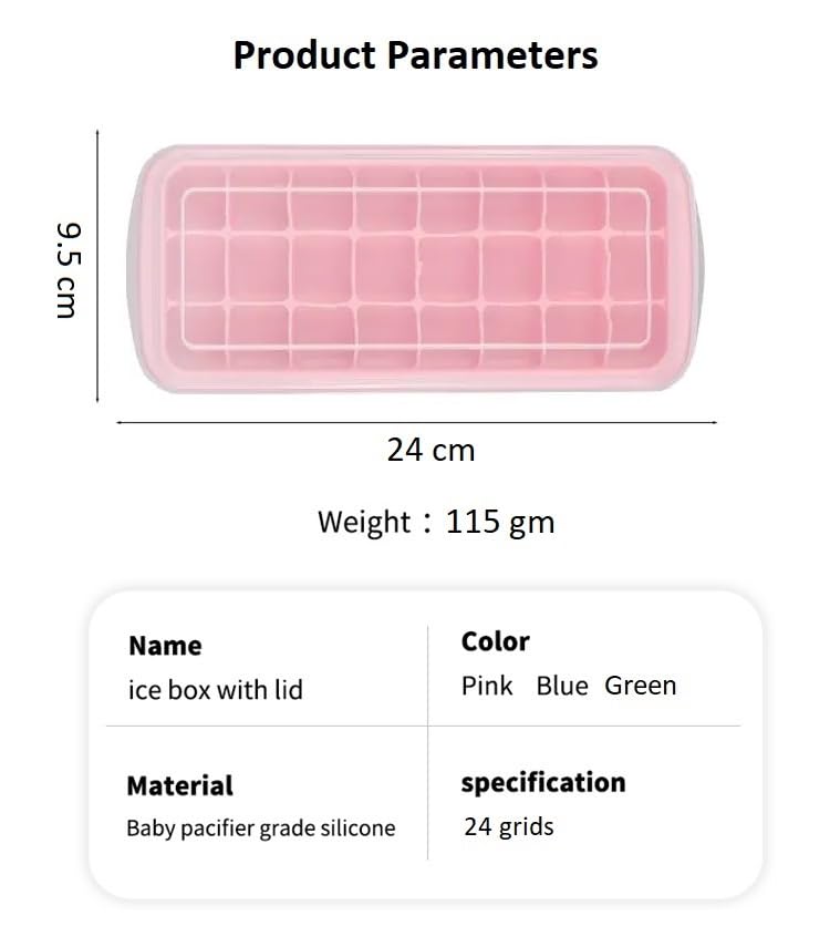 Image of Silicone Ice Cube Trays with Lid Cover, 24 Cavities Flexible Moulds for Freezer, Stackable, Multicolor, 1 Piece (Pink)
