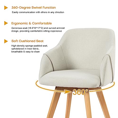 Swivel Dining Chairs Set Of 4, Mid Century Modern Dining Chairs With Arms, Linen Fabric Upholstered Kitchen Dining Room Chairs With Solid Wood Legs For Living Room,360°Swivel Accent Desk Chair, Beige #TOP5