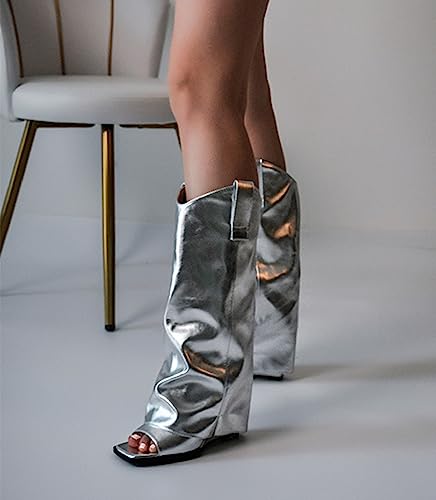 Richealnana Women's Fold Over Cowboy Cowgirl Western Style Boots Jeans Boots Calf High Open Square Toe for Women Breathable Pull On Boots3