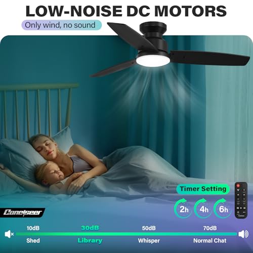 Modern 42 Inch Ceiling Fans with Lights and Remote, Bedroom Living Room Office, Flush Mount, 18W 3CCT Dimmable, Dual Color 3 Blades 6 Speed Reversible Quiet DC Motor, Black/Wood Grain thumbnail 2