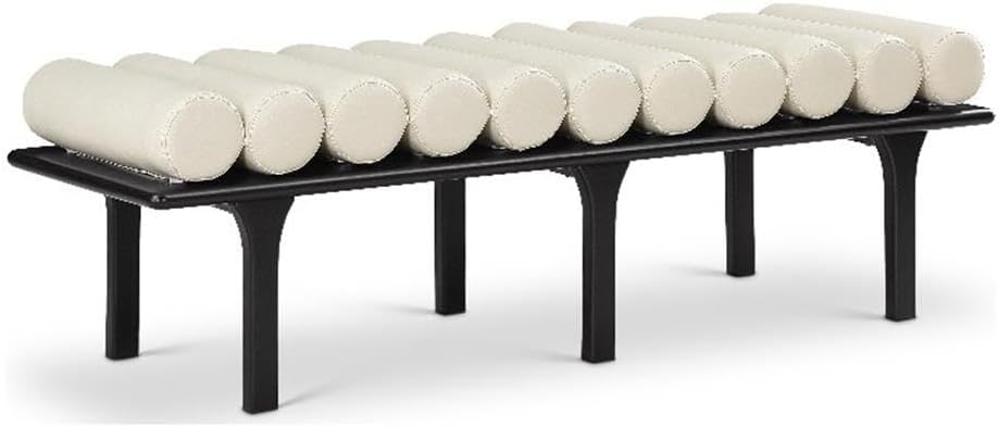 Pemberly Row Cream Vegan Leather Bench, 60.5 in W, Art Deco Design, Solid Wood Black Base, Durable Upholstery, Modern Style Living Room, Bedroom, Dressing Room Seating