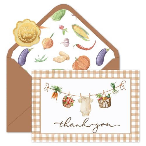 Image of Whaline 24 Pack Baby Shower Thank You Cards Brown Plaid Vegetable Greeting Cards with Envelopes Stickers Cute Blank Note Card for Party Supplies, 4 x 6 Inch