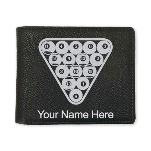 LaserGram Faux Leather Bi-Fold Wallet, Billiard Balls, Personalized Engraving Included (Black with Silver)