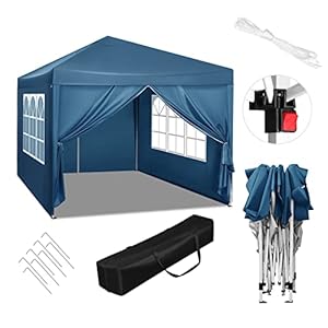 WOLTU PVL0001bl Partytent, waterdichte vouwtent, zonwering, feesttent met zijwanden, tent voor in de tuin, terras, camping, festival, pagodetent met Oxford metalen frame, 3 x 3 m, blauw