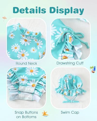 Image of Renotemy Baby Girls Swimsuit Drawstring Zip Bathing Suit Long Sleeve One-Piece Rash Guard Swimwear with Hat for Infant Girl