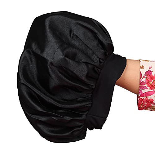 Image of Satin Silk Premium Sleeping caps, Comfortable & Soft Double Layered Streachable Hair Bonnets for All Head Sizes & Hair Type, Night Care Routine - Pack of 1 Pcs - Black