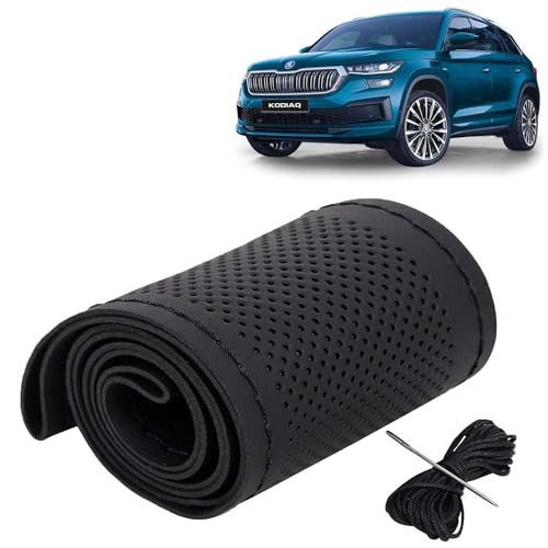 Image of KINGSWAY PU Leatherite Car Steering Cover Sewable Compatible with Skoda Kodiaq (Year 2022 Onwards), Black Color with Black Thread, Pack of 1 with Sewing Needle and Thread