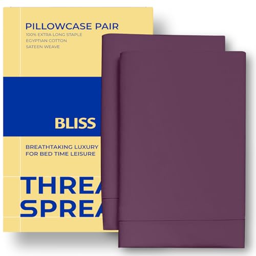 THREAD SPREAD 100% Egyptian Cotton Pillow Cases Queen Size Set of 2 - Luxury 600 Series Bliss Collection Queen Pillow Cases (Navy Blue), Soft Cooling Hotel Cotton Pillowcases, Sateen Finish