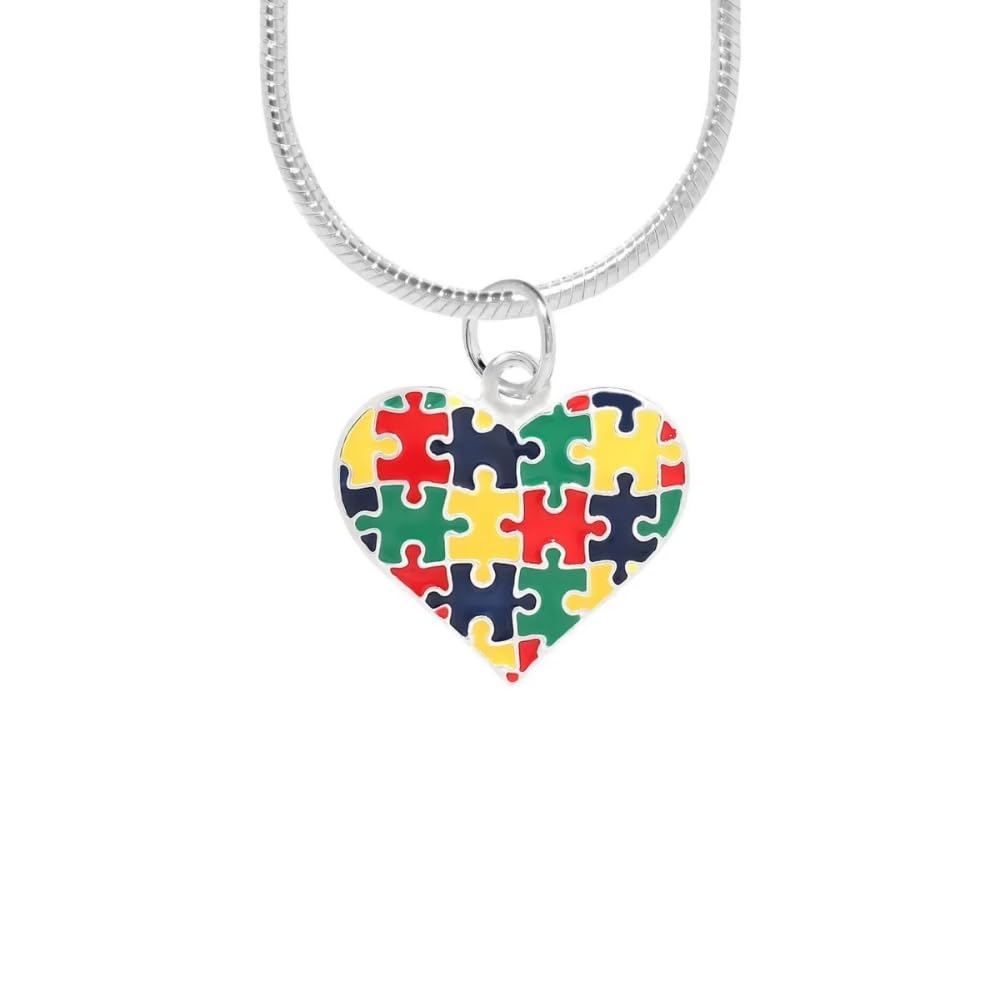 10 Pack Autism Heart Necklaces with Colored Puzzle Pieces – Autism Awareness Heart Pendant Necklaces for Fundraising Events, Resell & Support Groups