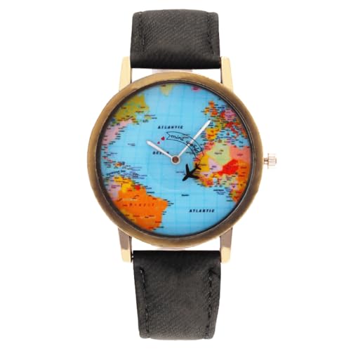 Imagen de MINILUJIA Travel The World Watch Reloj de pulsera con diseño de avión y mapa del mundo con correa de color negro para hombre y mujer