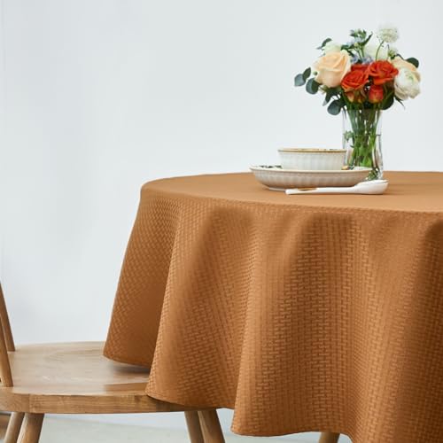 Image of maxmill Fall Tablecloth Weaved Texture Design Stain Resistant Waterproof Anti-Shrink Spillproof Washable Soft Table Cloth for Dining Room Harvest Thanksgiving Parties, Round 70 Inch, Amber