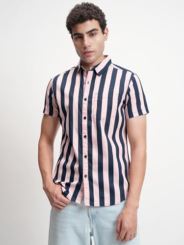 Image of Highlander Men's Slim Fit Short Sleeves Striped Casual Shirt | Vertical Stripes | Sleek & Relaxed Everyday Wear
