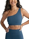 ODODOS Seamless One Shoulder Sports Bra for Women Ribbed Asymmetrical Non Padded Yoga Crop Tank Tops, Ocran, Large